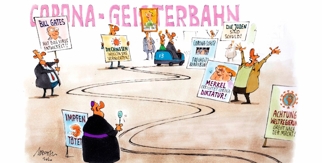 Auf »Anti-Corona-Demos« stößt man auf Unheimliches (Zeichnung: Mester) Auf »Anti-Corona-Demos« stößt man auf Unheimliches (Zeichnung: Mester)