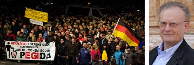 Irrationale Ängste liegen dem Pegida-Protest zugrunde, meint der Bürgerrechtlicher Friedrich Schorlemmer. Er erwidert darauf: »Ihr seid nicht das Volk! Ihr seid eine gespenstische Minderheit! Und wenn ihr noch so laut brüllt.« Das Foto zeigt die letzte Kundgebung in Dresden vor Jahresende 2014. Doch auch 2015 gehen die Demonstationen weiter, mit immer mehr Beteiligten. (Foto: Arno Burgi/dpa)