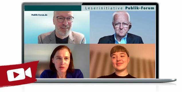 Diskutierten über den Synodalen Weg: Moderator Christoph Fleischmann (oben links), Norbert Lüdecke (oben rechts), Andrea Qualbrink (unten links), Mara Klein (unten rechts). (Fotos: Publik-Forum; Grafiken: iStockbyGetty)